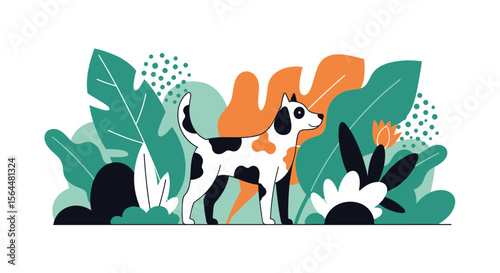 A charming dalmatian style dog stands proudly amidst lush green foliage and abstract shapes creating a vibrant natural scene
