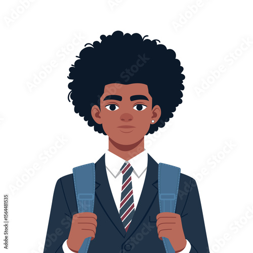 An afro american college student with suit and backpack on white background