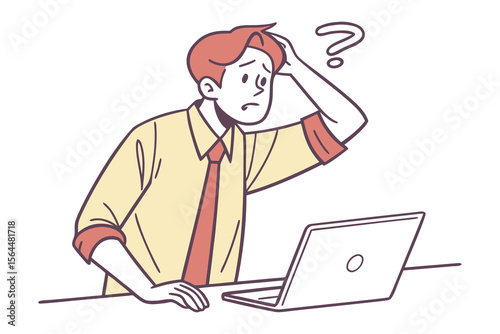 Confused businessman scratching his head while looking at a laptop with a question mark above him representing uncertainty or a problem