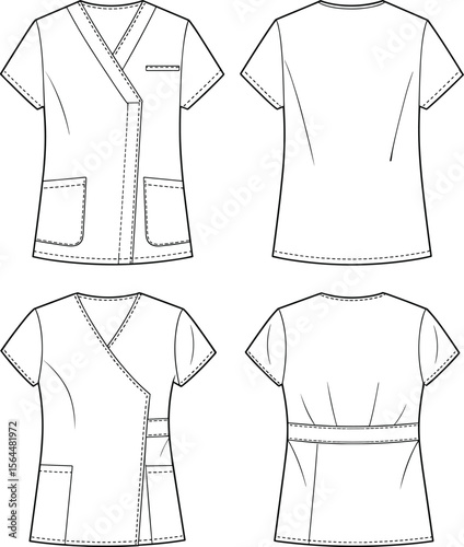 Detailed Technical Flat Sketches of Medical Scrubs and Healthcare Uniform Tops, Featuring V-Neck and Wrap Styles for Professional Apparel Design.