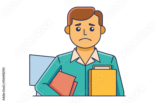 Sad businessman holding folders sitting at desk looking worried with documents and files indicating stress and overwork