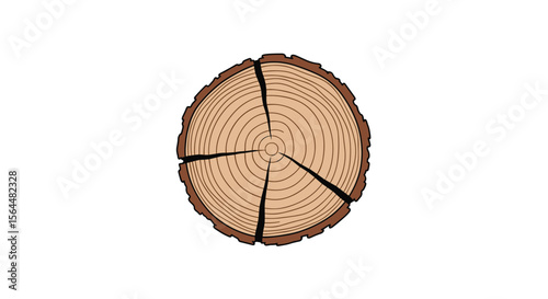 A Close Up Top View of a Rough Cut Tree Trunk Showing Growth Rings and Cracks in the Wood Fiber Texture