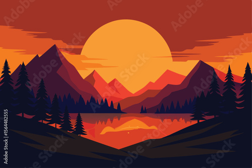 A vibrant sunset landscape with mountains, trees, and a reflective lake.