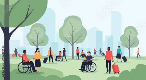 Diverse people with disabilities enjoying outdoor activities and travel in a green urban park with tall buildings in the background