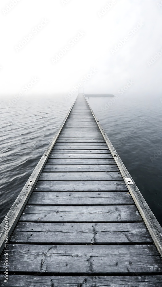 Fototapeta premium Wooden pier stretching into a dense white fog over calm water creating a mysterious and serene atmosphere