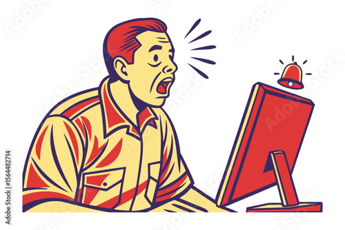 Shocked man reacting to computer notification bell alarm sounding loudly while working on a project