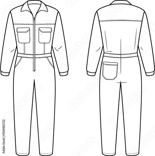 Detailed Technical Flat Sketch of a Long-Sleeve Utility Jumpsuit or Boiler Suit with Zipper Front and Multiple Pockets for Fashion Design.