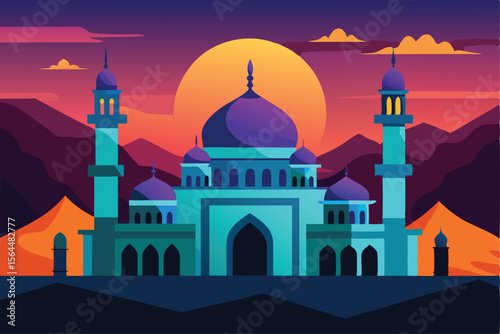 A vibrant illustration of a mosque silhouetted against a sunset over mountains.