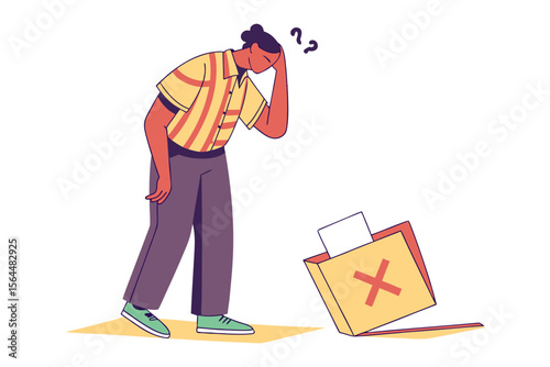 Confused person with dropped folder marked with a red cross symbol indicating an error or failure