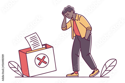 Frustrated voter walks away from a ballot box with a rejected vote symbolizing disappointment in the election process