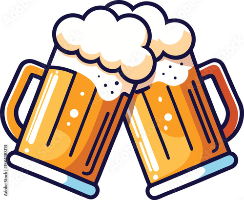 Two beer mugs toasting with frothy beer on a white background