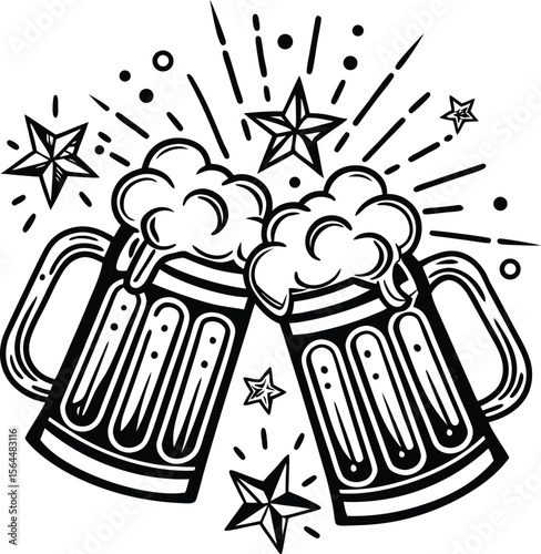 Two Beer Steins Toasting With Fireworks