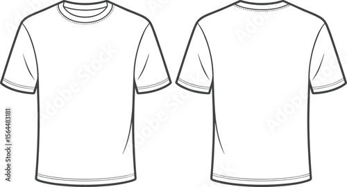 Detailed Technical Flat Sketch of a Classic Crew Neck T-shirt with Short Sleeves - Front and Back Views for Apparel Design and Customization.