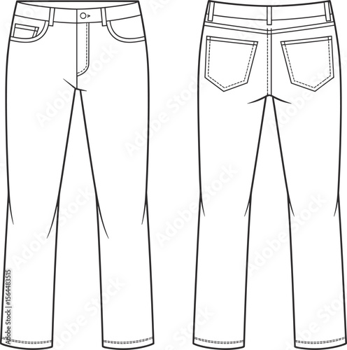 Detailed Technical Flat Sketch of Classic Straight-Leg Jeans or Trousers with Standard Pockets - Front and Back Views for Fashion Design.