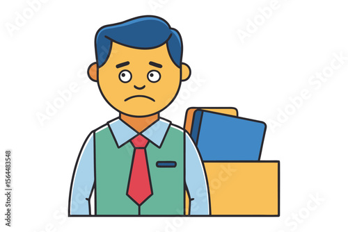 Sad businessman with a box of files looking worried about his job and career prospects