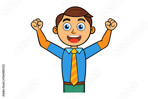 Excited cartoon businessman with arms raised in triumph celebrating success and achievement with a joyful expression