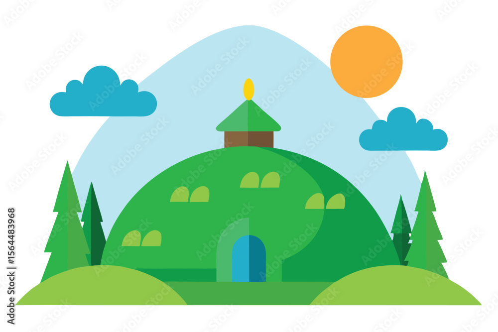 Naklejka premium A stylized illustration of a hobbit-like house on a green hill, with trees, clouds, sun and a mountain in the background.