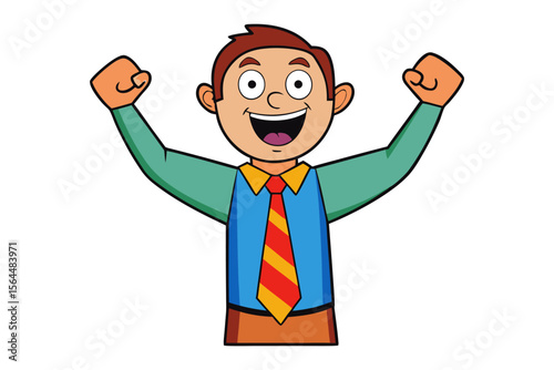 Excited cartoon man in business attire celebrates success with arms raised high in a joyful gesture