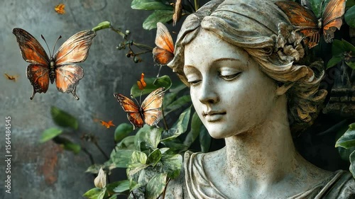 Old statues surrounded by butterflies create a serene atmosphere in a timeless garden, old statues and butterflies seamless ing time lapse virtual video Background