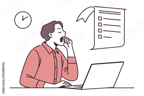 Tired office worker yawning while working on a laptop with a clock and to do list visible symbolizing burnout and overwork