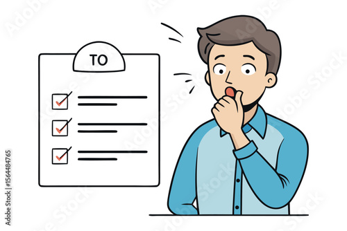Astonished man reacts to completed to do list with checked items on a clipboard expressing surprise and accomplishment