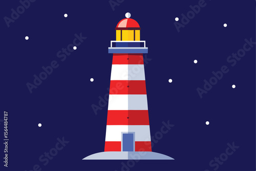 Illustration of a red and white striped lighthouse emitting light against a dark blue, starry night sky.