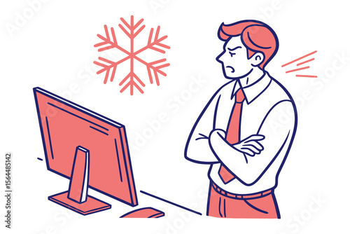 Frustrated businessman feeling cold near computer with snowflake symbol indicating low temperature or discomfort