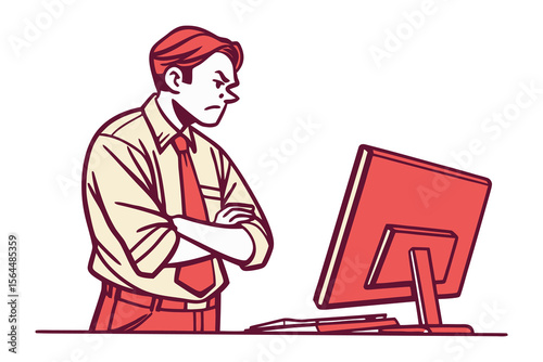 Frustrated businessman with arms crossed staring intently at computer screen with a frowning expression