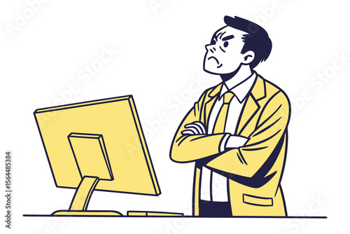 Frustrated businessman with arms crossed looking at a computer screen with a displeased expression conveying dissatisfaction or anger