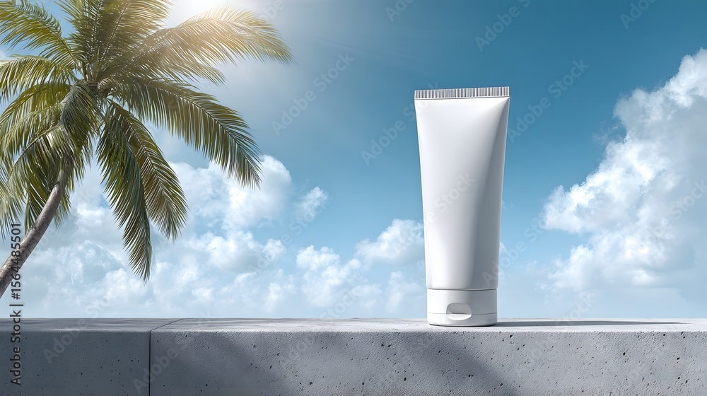 Obraz Minimal white cosmetic tube mockup on concrete block with tropical background