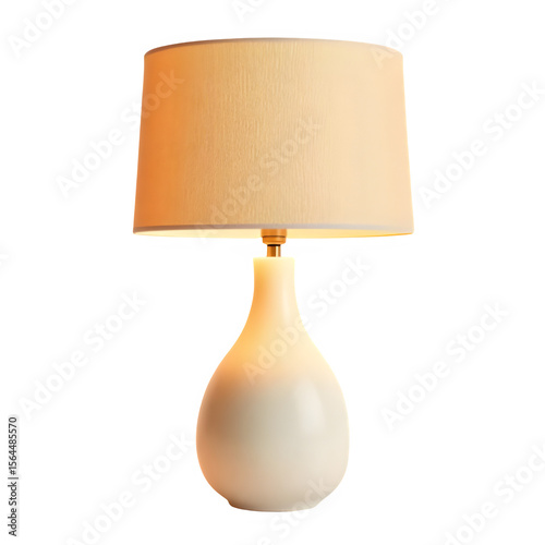 Photorealistic ceramic table lamp PNG with transparent background – front view, neutral beige linen shade, soft studio light, minimalist home decor lighting element

