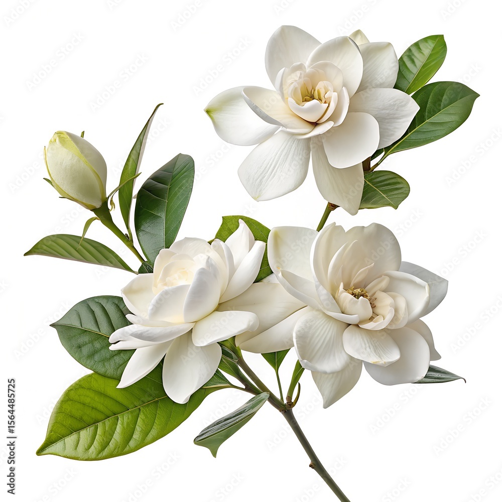 Fototapeta premium Beautiful white flower blossoms, including orchids and other flora, in a delicate bouquet on a clean white background, showcasing nature's spring beauty