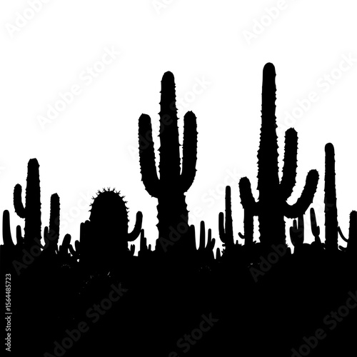 A row of cacti are shown in black and white silhouette