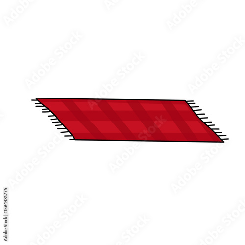 A red and white checkered rug with a red fringe