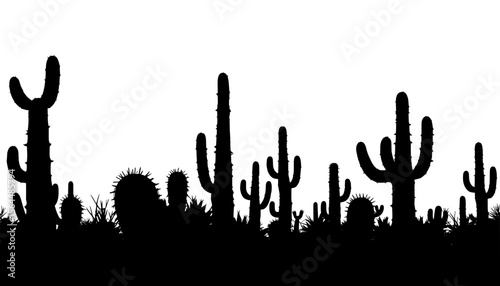 A line of cacti silhouette with some in the foreground and some in the background silouette