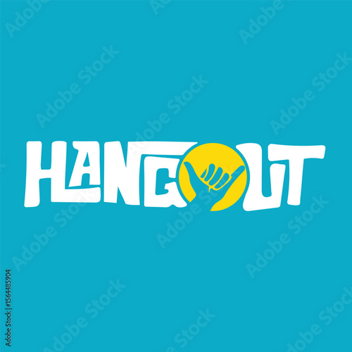 A playful and modern "Hangout" logo design featuring bold casual typography and a stylized hand gesture icon inside a vibrant yellow circle. Perfect for cafes, social clubs, community event.