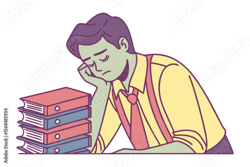 Overwhelmed office worker slumps over desk next to stack of files feeling exhausted and tired