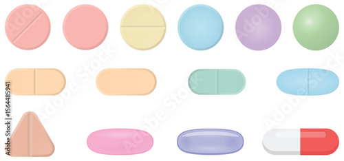 Flat Vector Illustration of Various Colored Pills and Capsules in Different Shapes for Medical Infographic and Presentation