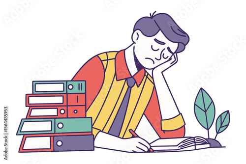 Overwhelmed student or employee feeling exhausted and bored while studying or working with a stack of documents and a book