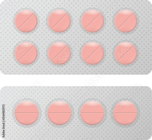 Flat Vector Illustration of Pink Round Pills in Blister Packaging for Medical and Healthcare Presentation