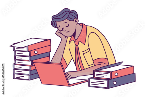Overwhelmed office worker slumped over laptop with stacks of files and binders feeling stressed and exhausted by workload