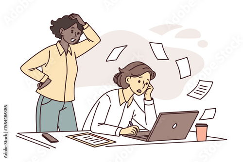 Overwhelmed office worker stressed by workload while colleague appears calmly observing the chaotic paperwork
