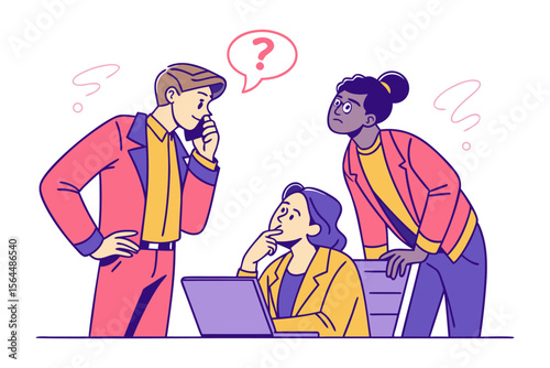 Diverse team members collaborate and ponder a question one person on the phone while others look puzzled at a laptop