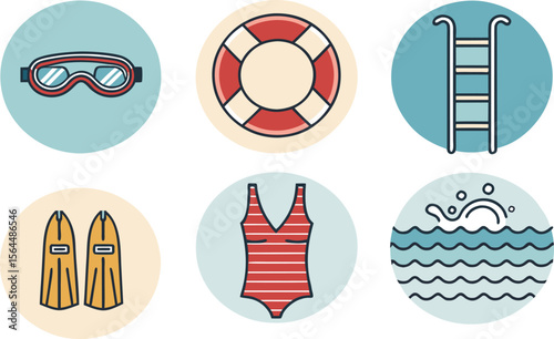 Flat Icon Set of Swimming and Water Leisure on White Background Includes Swimming Goggles, Pool Ladder, Swim Ring, Swimsuit, Water Splash, and Flippers.