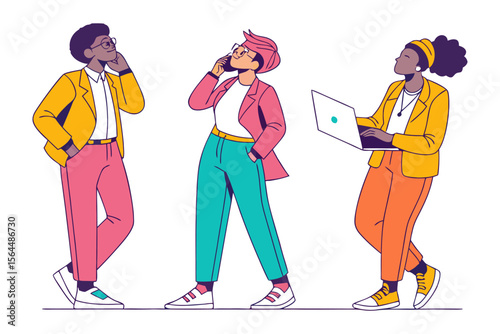 Diverse professionals in stylish attire collaborate and communicate showcasing modern business interactions and teamwork in a vibrant flat design illustration