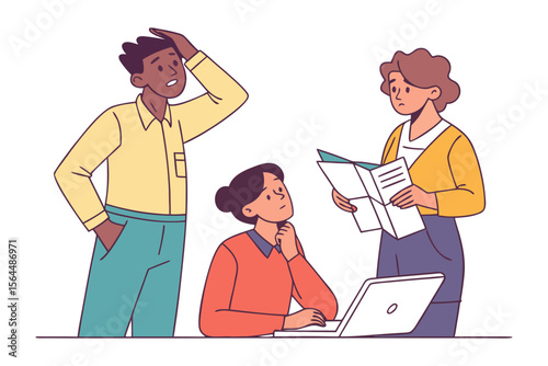 Three diverse colleagues looking confused and concerned while reviewing documents and a laptop during a team meeting or brainstorming session