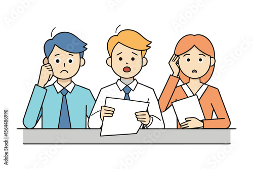Three diverse office workers expressing confusion and stress while holding papers at a meeting table conveying a sense of difficulty
