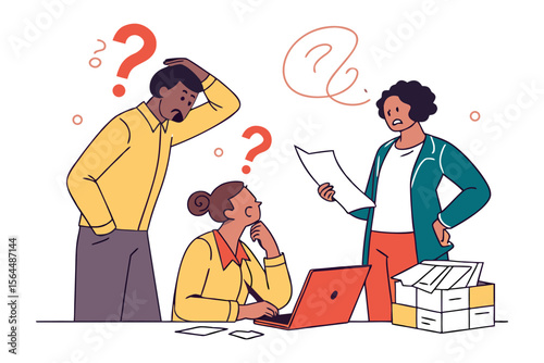 Confused colleagues with question marks hovering above their heads struggling with a complex problem or task at the office