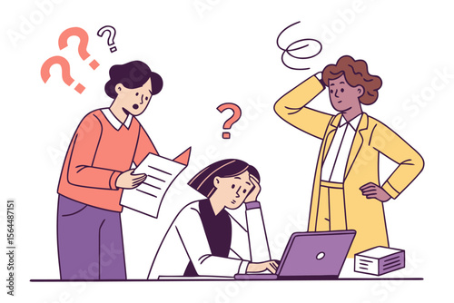 Confused business professionals struggling with complex problems and seeking answers surrounded by question marks