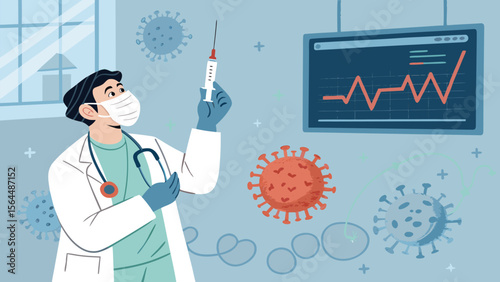 doctor with stethoscope Doctor Preparing Vaccine Injection with Virus Icons and Heartbeat Monitor Flat Medical Illustration Showing Pandemic Healthcare Concept.